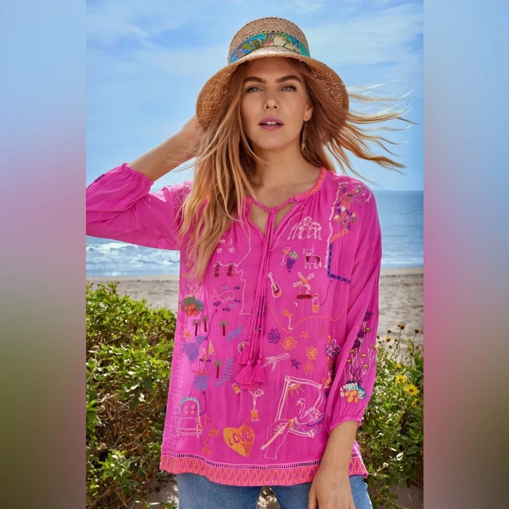 JOHNNY WAS Zadonia Embroidered Tie Neck Blouse in Fuchsia Pink